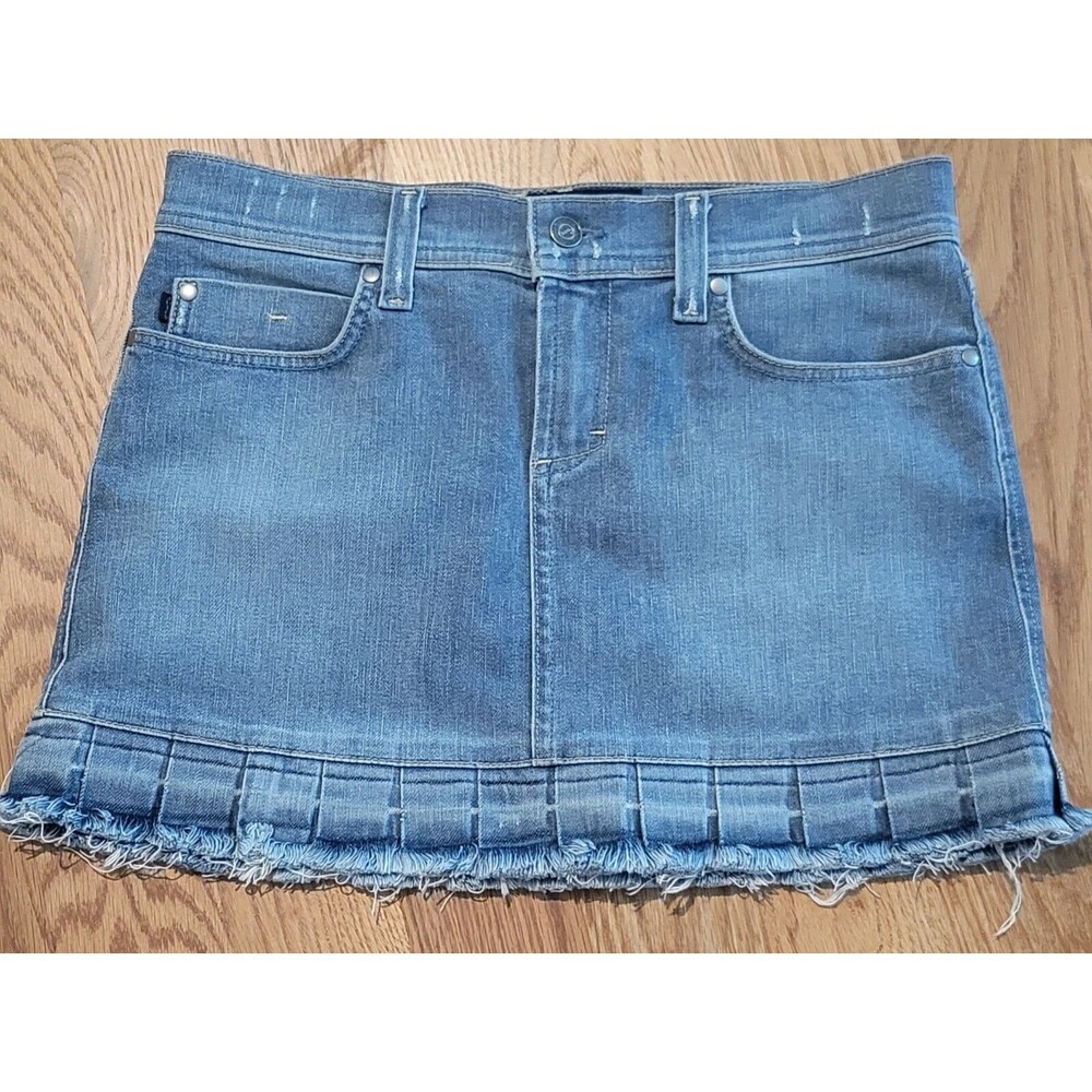 Juicy Couture Jeans Denim Mini Skirt w/ Pleated Frayed Hem Size M Medium Wash